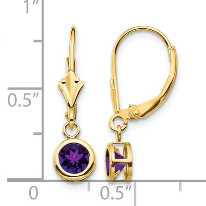 14k 5mm Round Amethyst Bezel Leverback Dangle Earrings