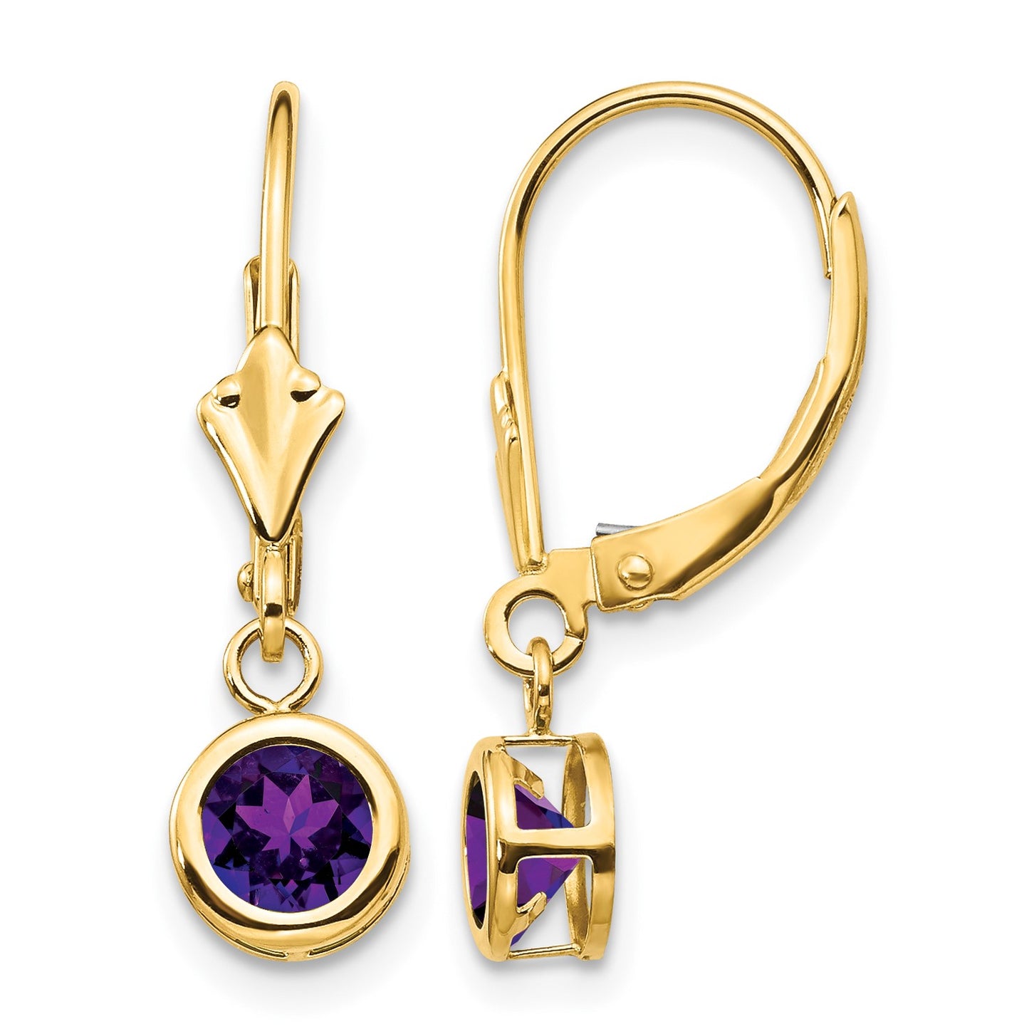 14k 5mm Round Amethyst Bezel Leverback Dangle Earrings
