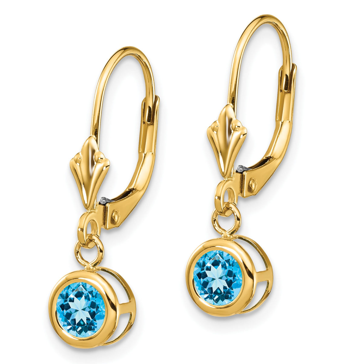 14k 5mm Round Blue Topaz Bezel Leverback Dangle Earrings