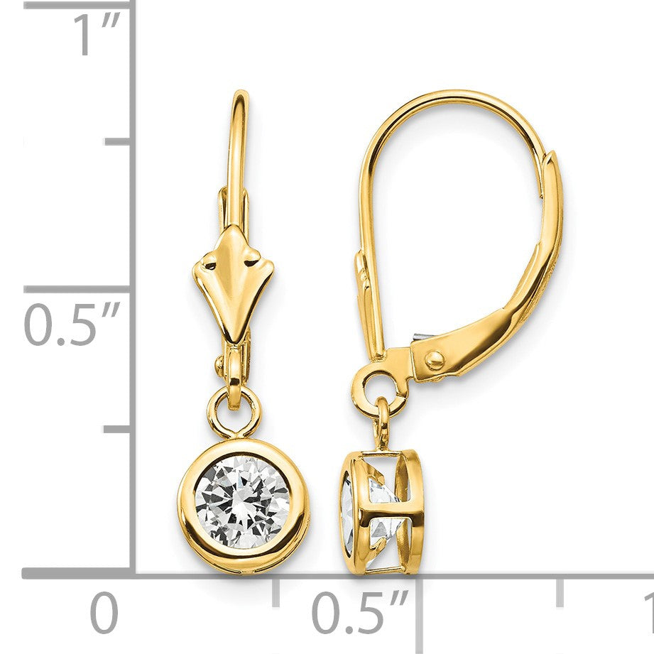 14k 5mm Round Cubic Zirconia Bezel Leverback Dangle Earrings