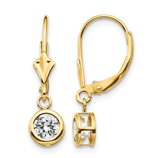 14k 5mm Round Cubic Zirconia Bezel Leverback Dangle Earrings