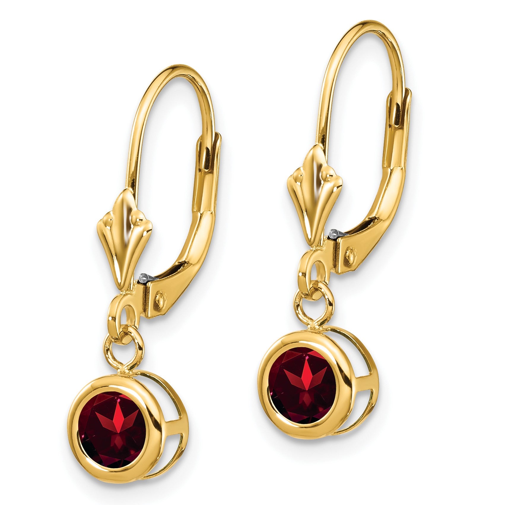 14k 5mm Round Garnet Bezel Leverback Dangle Earrings
