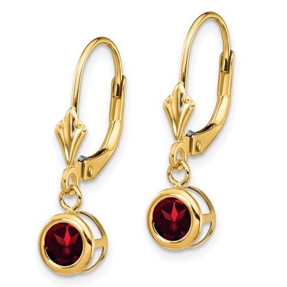 14k 5mm Round Garnet Bezel Leverback Dangle Earrings