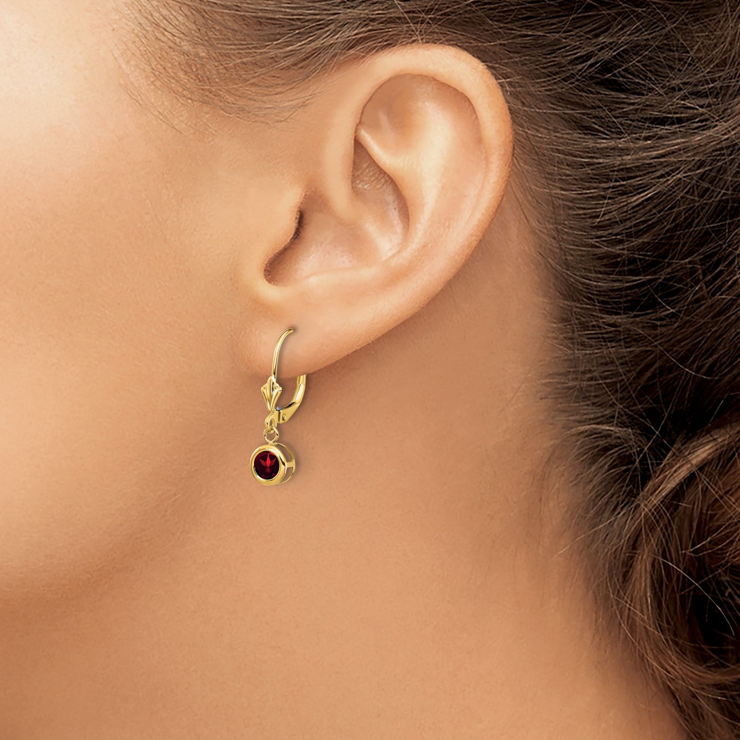 14k 5mm Round Garnet Bezel Leverback Dangle Earrings