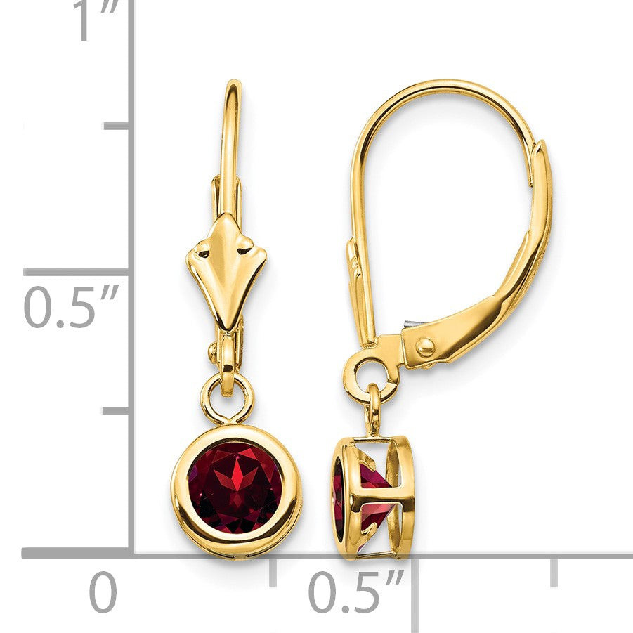 14k 5mm Round Garnet Bezel Leverback Dangle Earrings