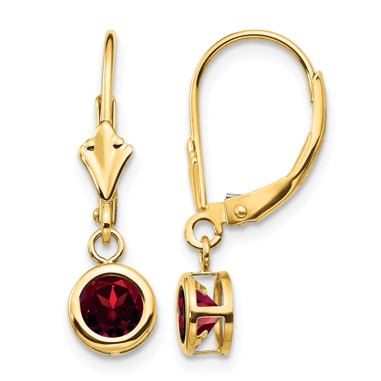 14k 5mm Round Garnet Bezel Leverback Dangle Earrings