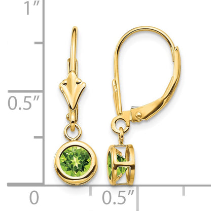 14k 5mm Round Peridot Bezel Leverback Dangle Earrings