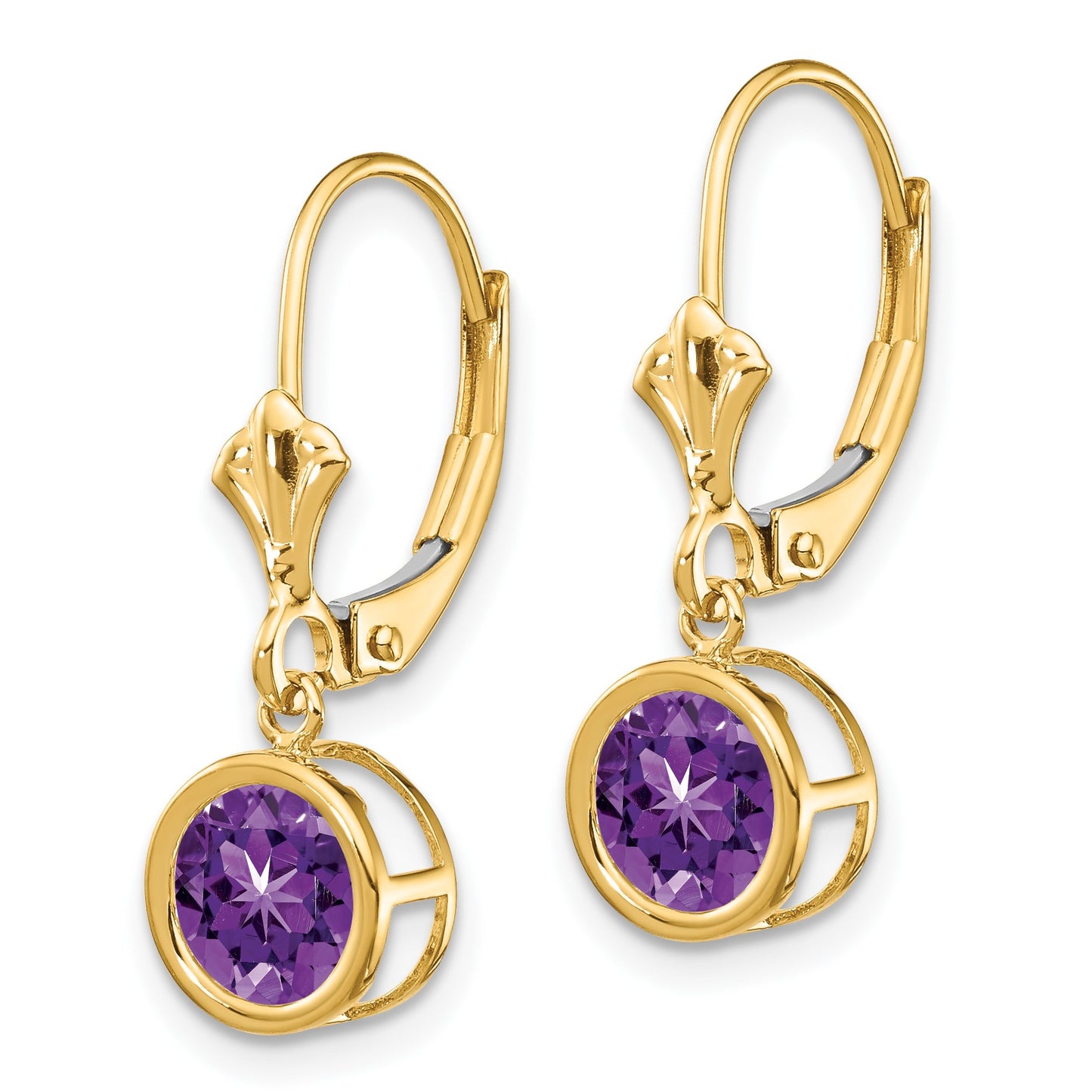 14k 6mm Round Amethyst Bezel Leverback Dangle Earrings