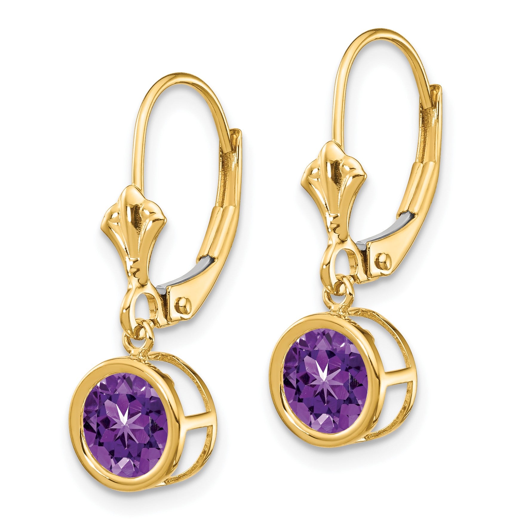 14k 6mm Round Amethyst Bezel Leverback Dangle Earrings