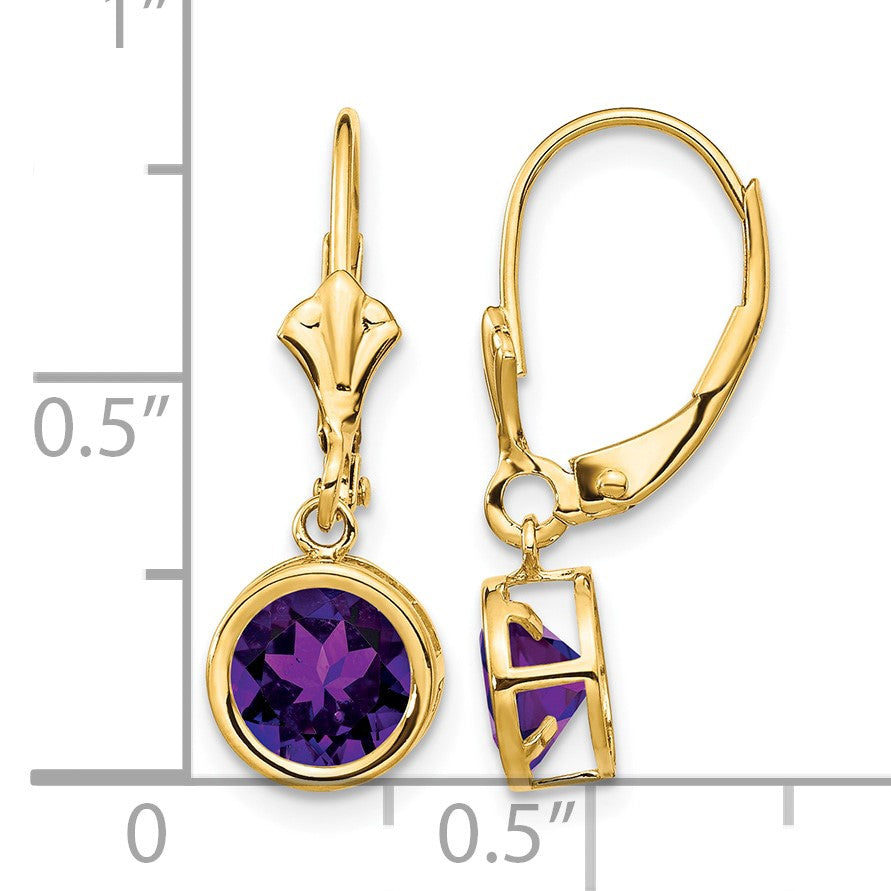 14k 6mm Round Amethyst Bezel Leverback Dangle Earrings