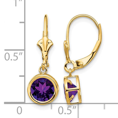 14k 6mm Round Amethyst Bezel Leverback Dangle Earrings