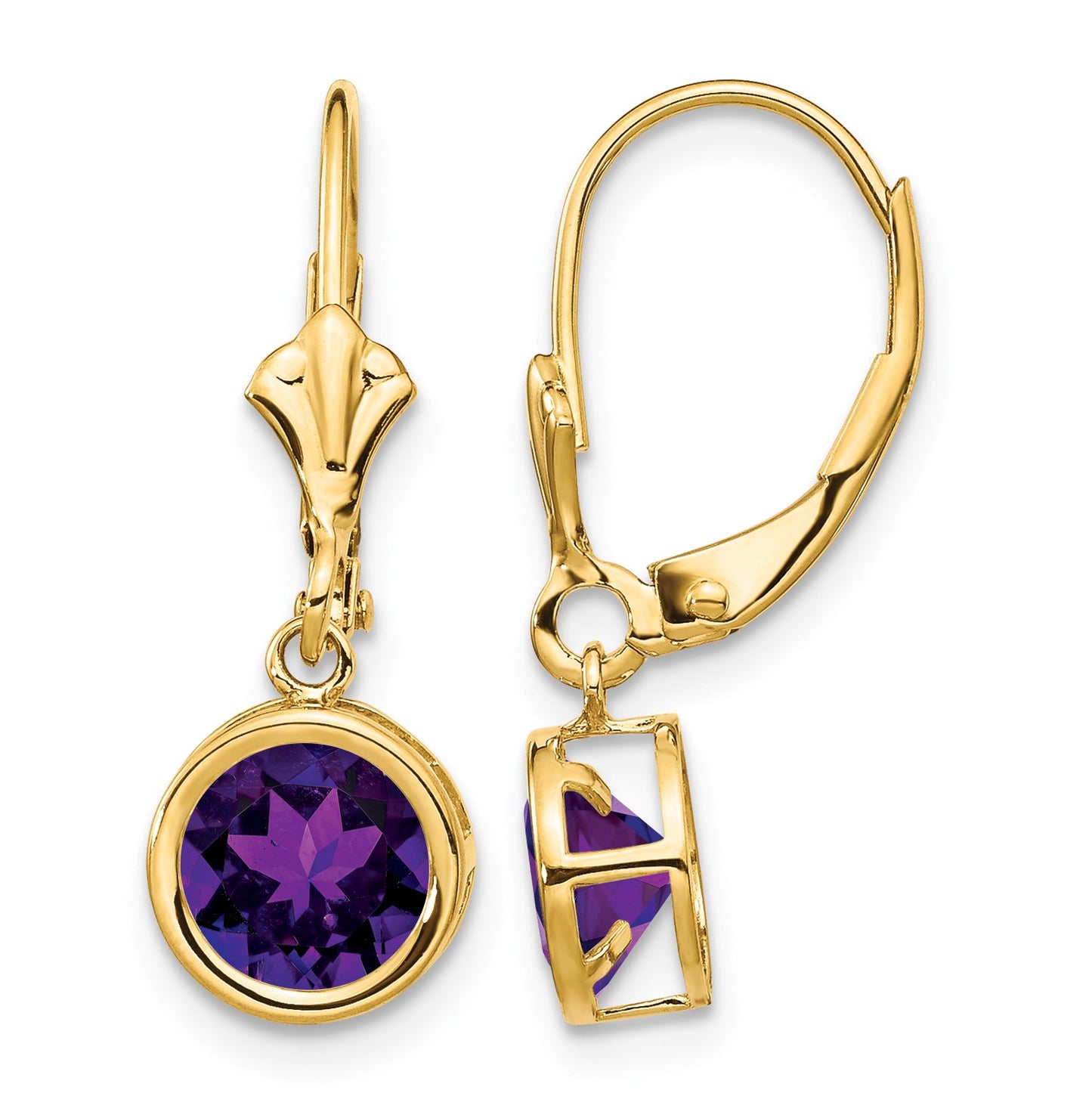 14k 6mm Round Amethyst Bezel Leverback Dangle Earrings