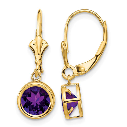 14k 6mm Round Amethyst Bezel Leverback Dangle Earrings