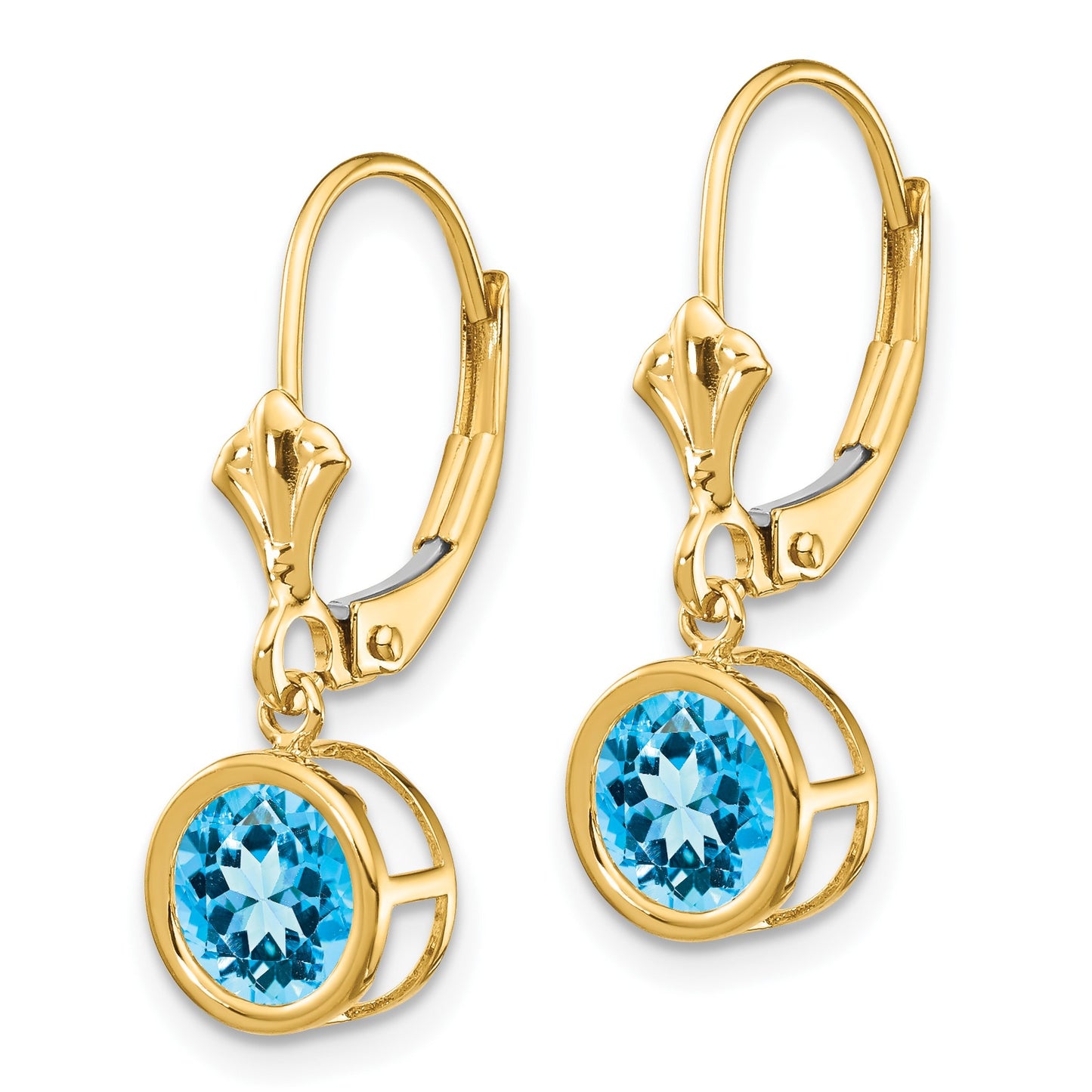 14k 6mm Round Blue Topaz Bezel Leverback Dangle Earrings