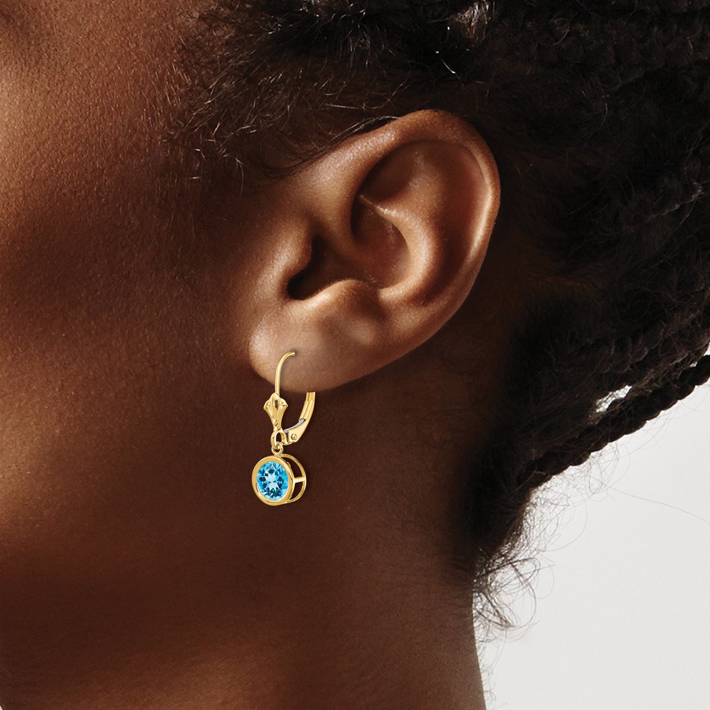 14k 6mm Round Blue Topaz Bezel Leverback Dangle Earrings