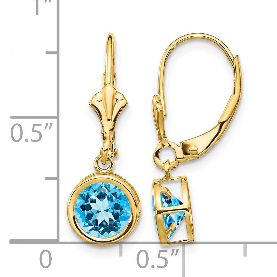 14k 6mm Round Blue Topaz Bezel Leverback Dangle Earrings