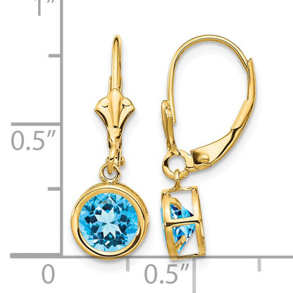 14k 6mm Round Blue Topaz Bezel Leverback Dangle Earrings