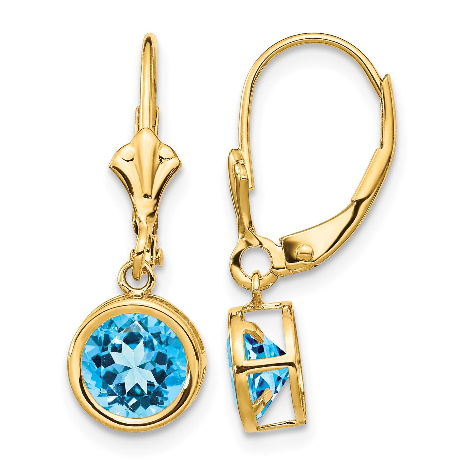 14k 6mm Round Blue Topaz Bezel Leverback Dangle Earrings