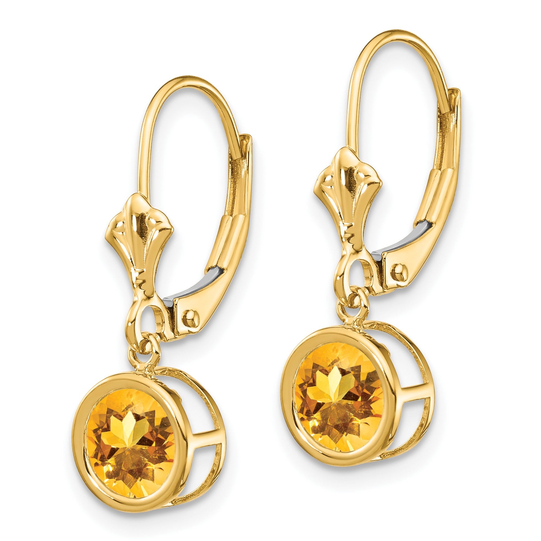 14k 6mm Round Citrine Bezel Leverback Dangle Earrings