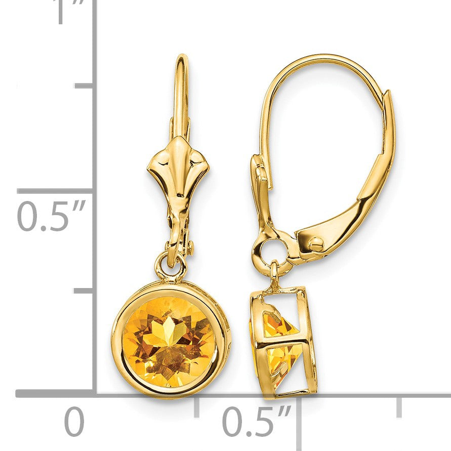 14k 6mm Round Citrine Bezel Leverback Dangle Earrings