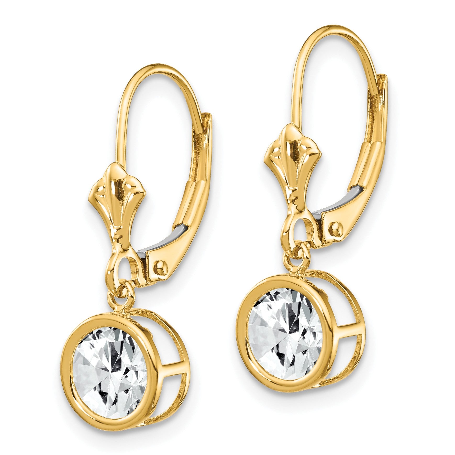 14k 6mm Round Cubic Zirconia Bezel Leverback Dangle Earrings