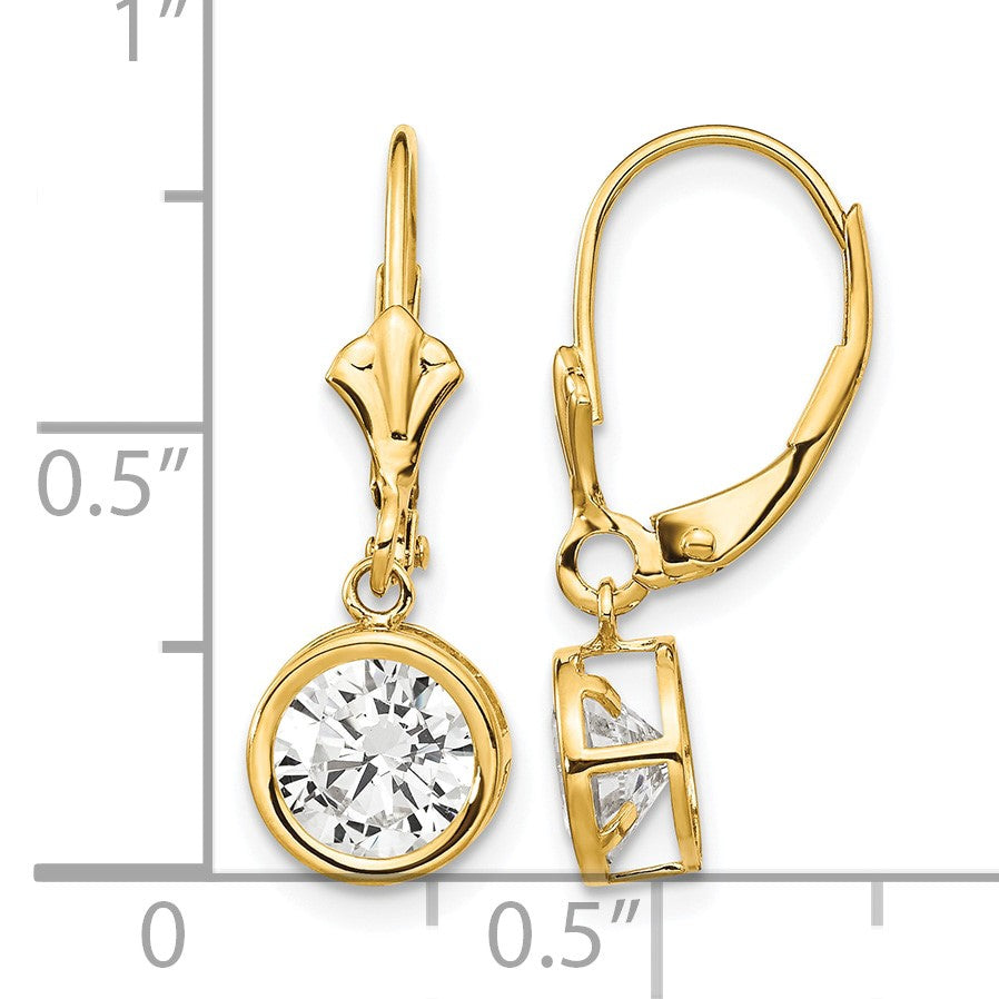 14k 6mm Round Cubic Zirconia Bezel Leverback Dangle Earrings