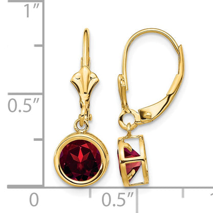 14k 6mm Round Garnet Bezel Leverback Dangle Earrings
