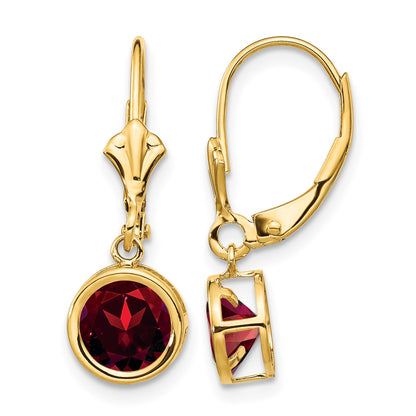 14k 6mm Round Garnet Bezel Leverback Dangle Earrings