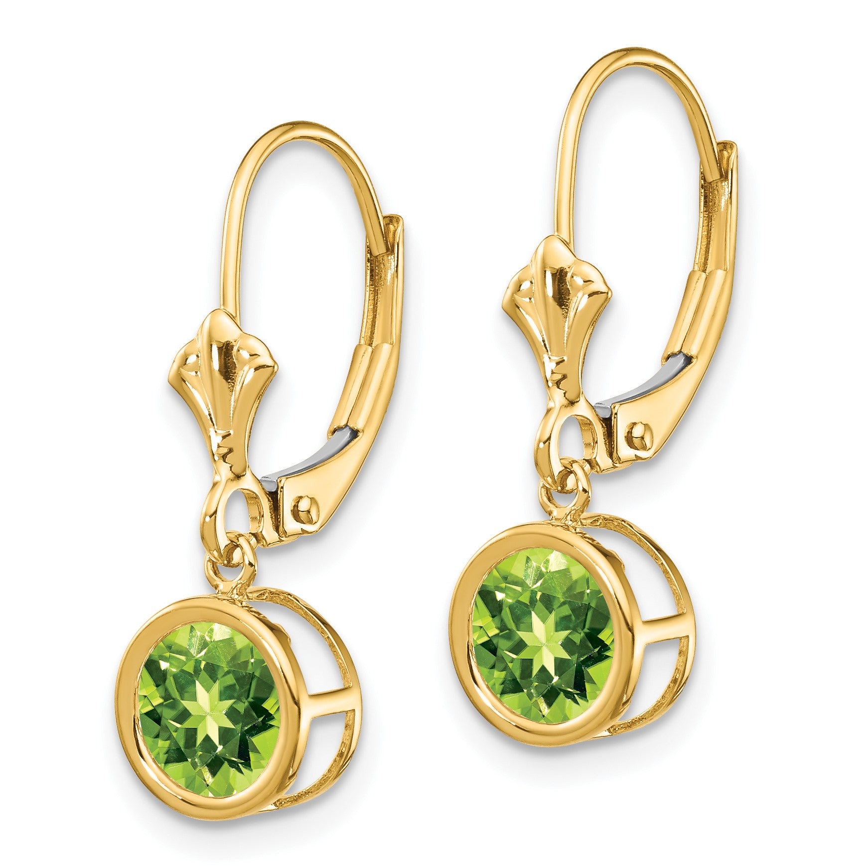 14k 6mm Round Peridot Bezel Leverback Dangle Earrings