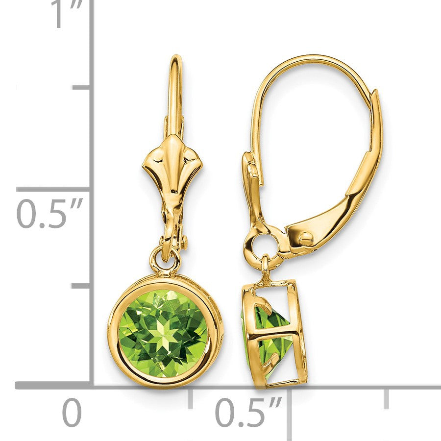 14k 6mm Round Peridot Bezel Leverback Dangle Earrings