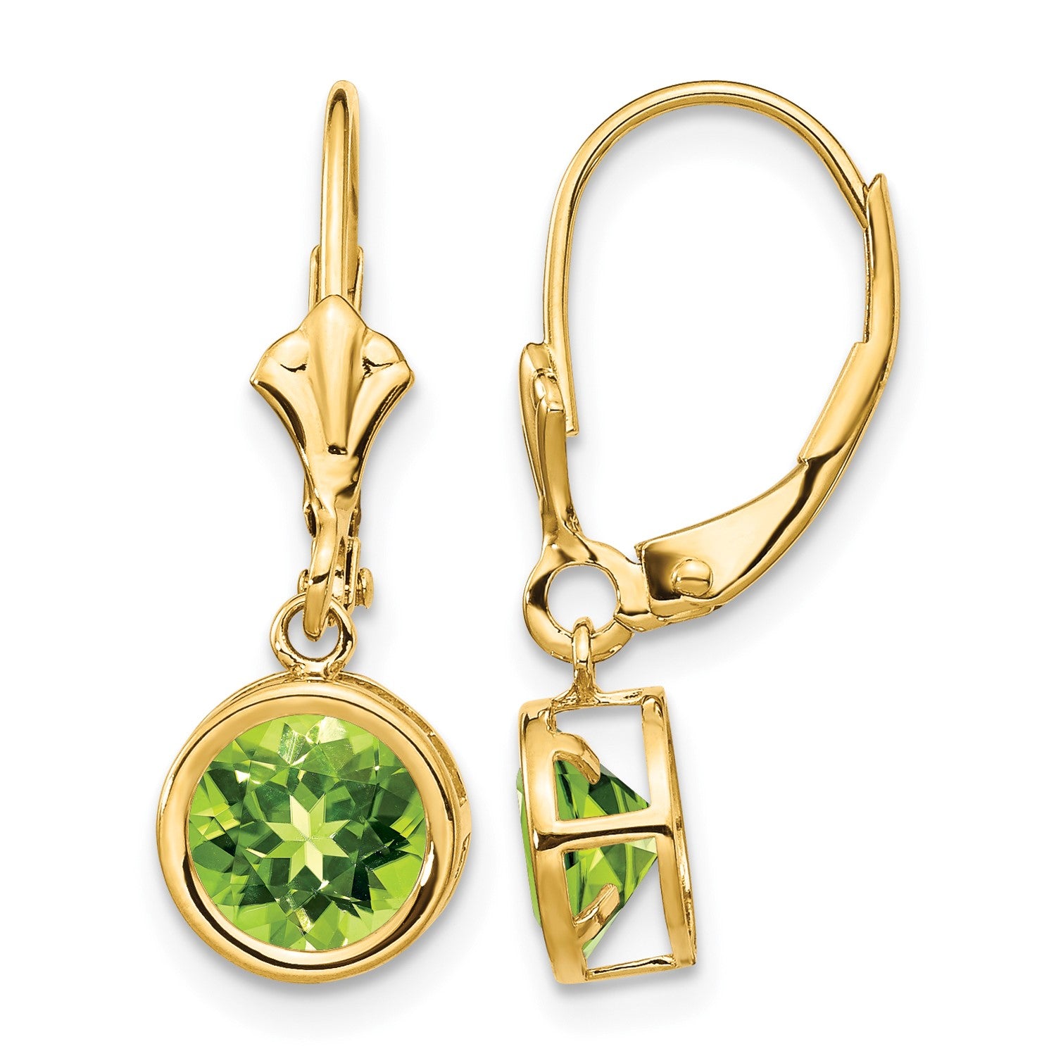 14k 6mm Round Peridot Bezel Leverback Dangle Earrings