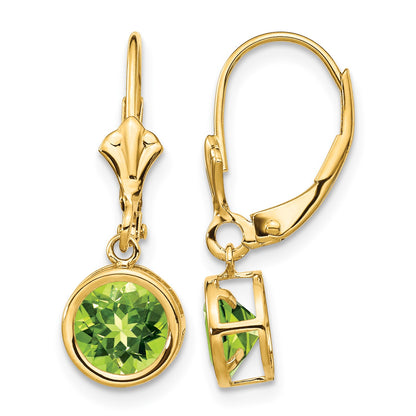 14k 6mm Round Peridot Bezel Leverback Dangle Earrings