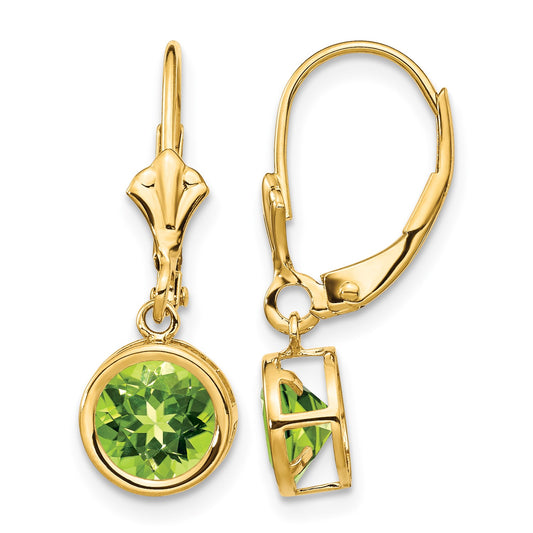 14k 6mm Round Peridot Bezel Leverback Dangle Earrings
