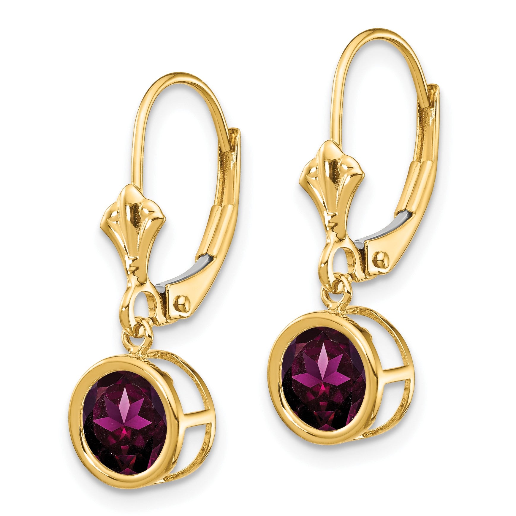 14k 6mm Round Rhodolite Garnet Bezel Leverback Dangle Earrings