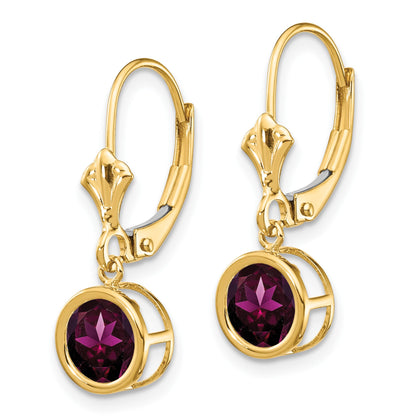 14k 6mm Round Rhodolite Garnet Bezel Leverback Dangle Earrings