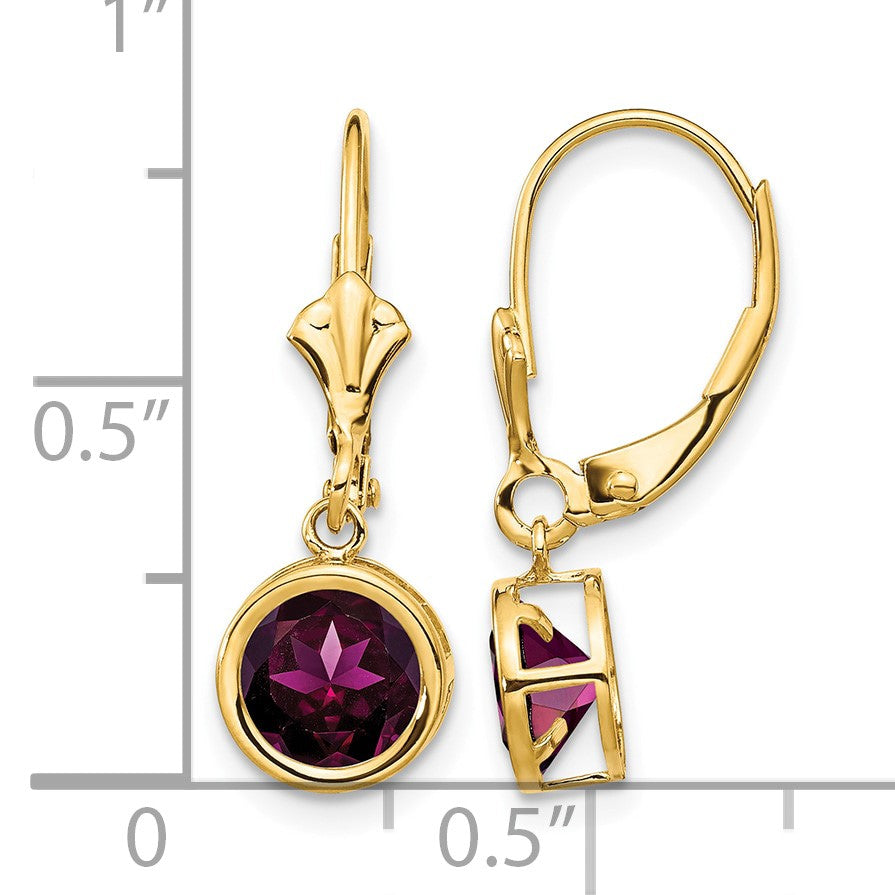 14k 6mm Round Rhodolite Garnet Bezel Leverback Dangle Earrings