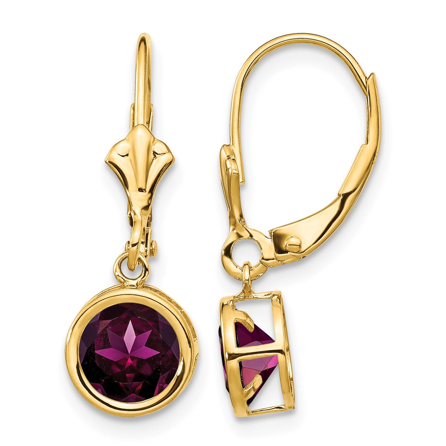 14k 6mm Round Rhodolite Garnet Bezel Leverback Dangle Earrings