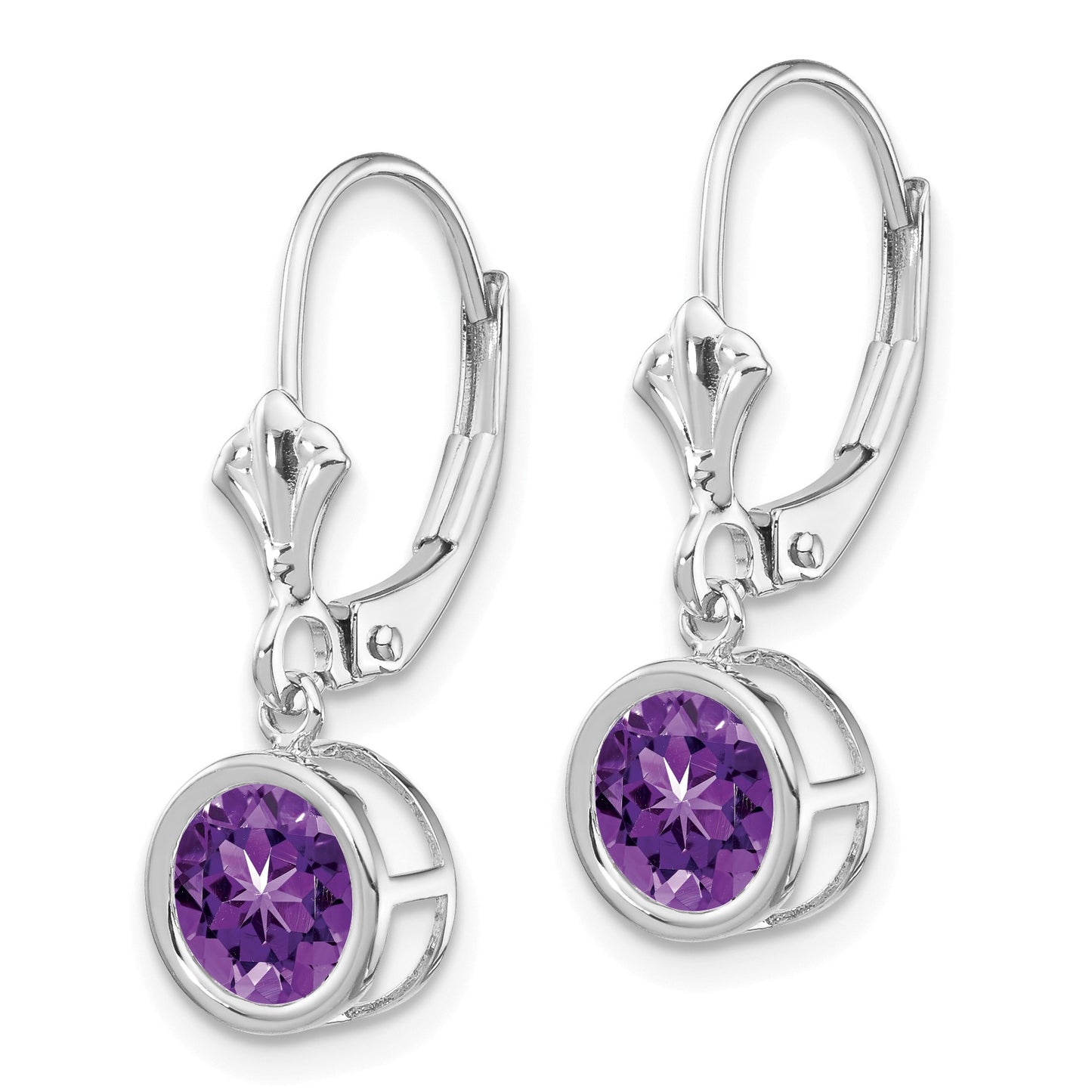 14k White Gold 6mm Round Amethyst Bezel Leverback Dangle Earrings