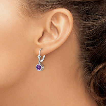 14k White Gold 6mm Round Amethyst Bezel Leverback Dangle Earrings