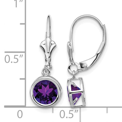 14k White Gold 6mm Round Amethyst Bezel Leverback Dangle Earrings