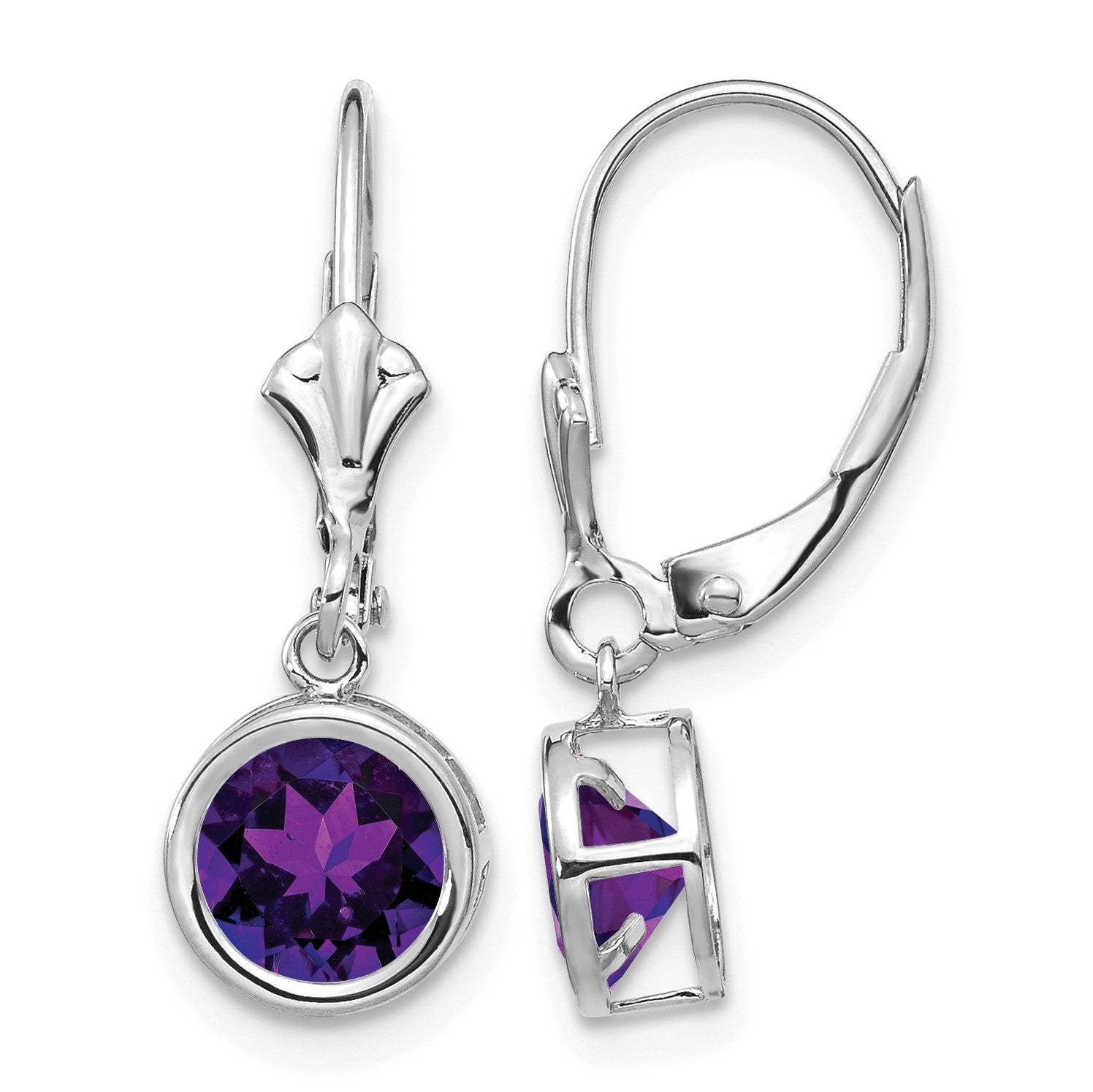 14k White Gold 6mm Round Amethyst Bezel Leverback Dangle Earrings