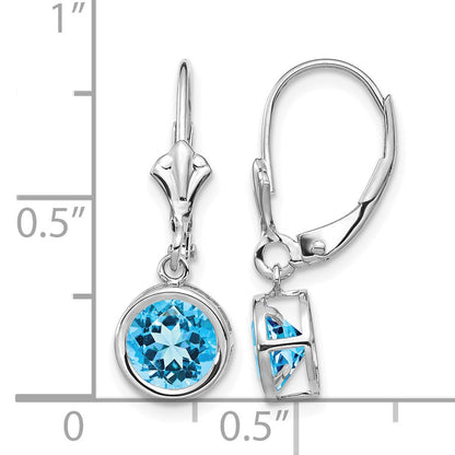 14k White Gold 6mm Round Blue Topaz Bezel Leverback Dangle Earrings