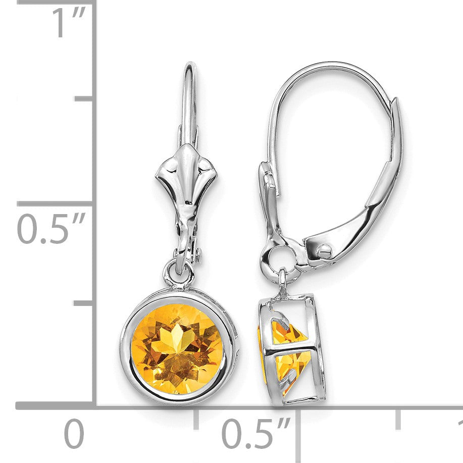 14k White Gold 6mm Round Citrine Bezel Leverback Dangle Earrings