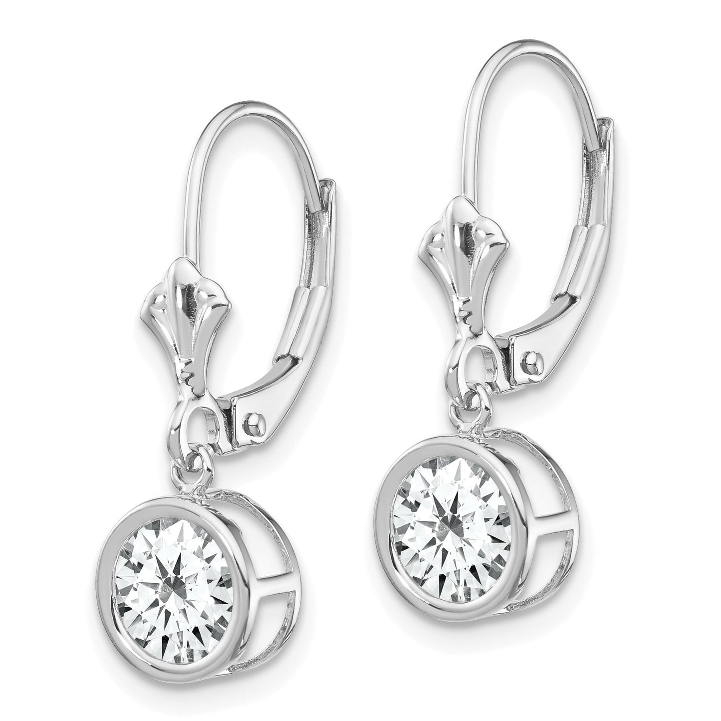 14k White Gold 6mm Round Cubic Zirconia Bezel Leverback Dangle Earrings