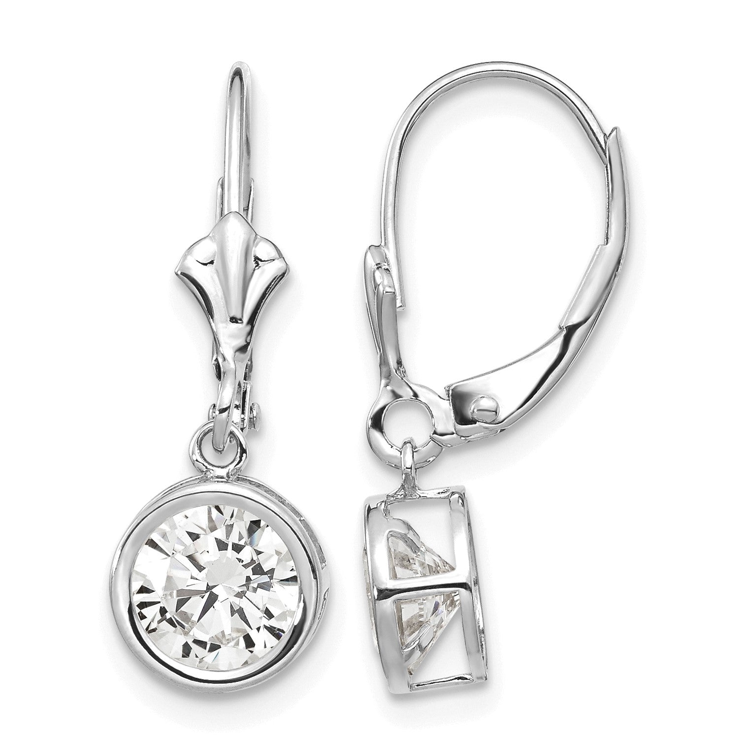 14k White Gold 6mm Round Cubic Zirconia Bezel Leverback Dangle Earrings