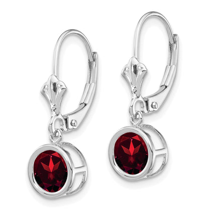 14k White Gold 6mm Round Garnet Dangle Leverback Earrings