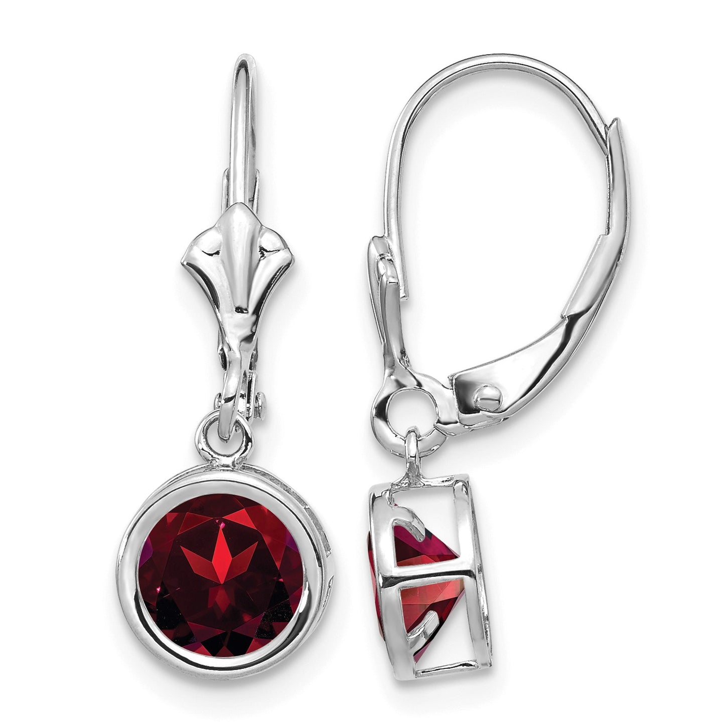 14k White Gold 6mm Round Garnet Dangle Leverback Earrings