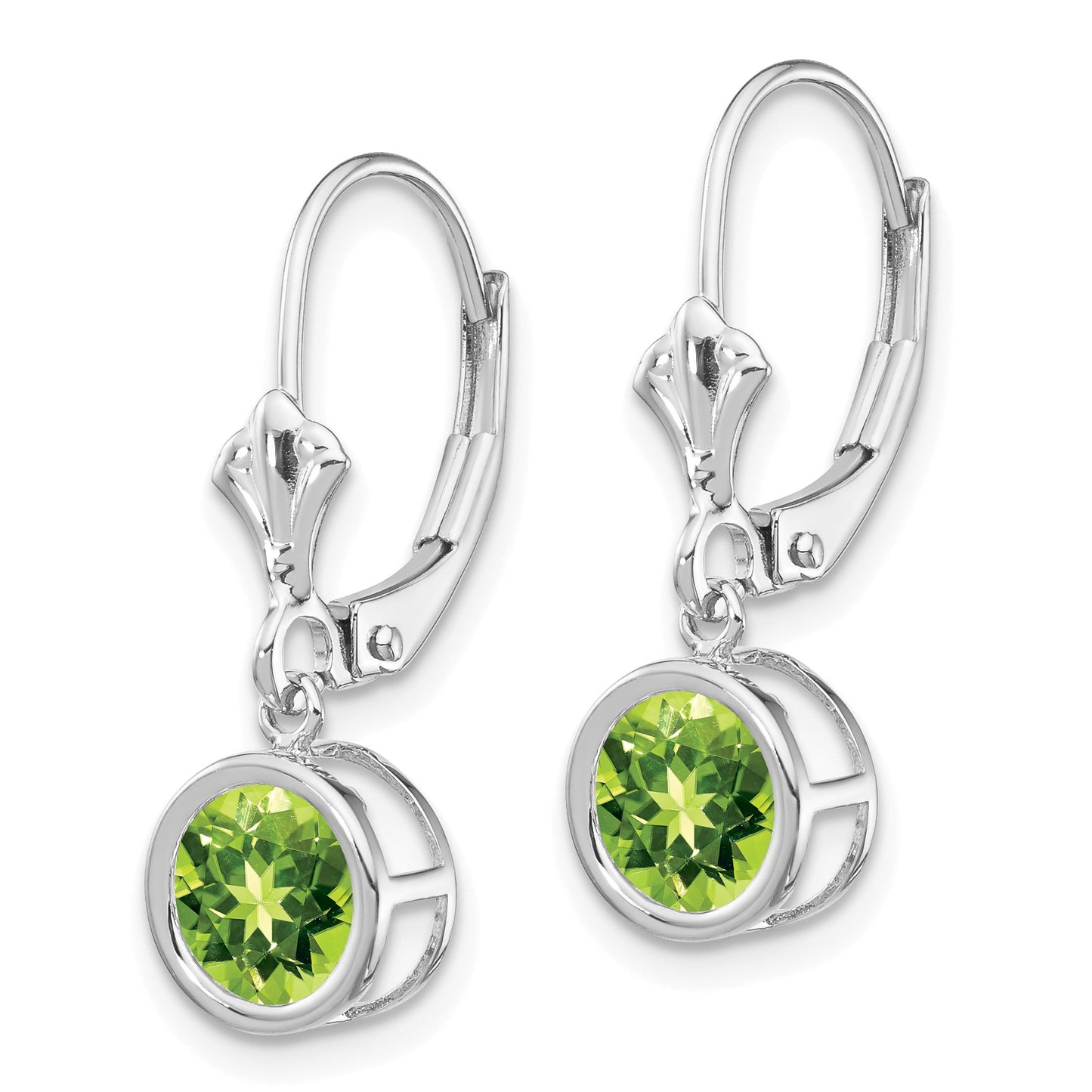 14k White Gold 6mm Round Peridot Bezel Leverback Dangle Earrings
