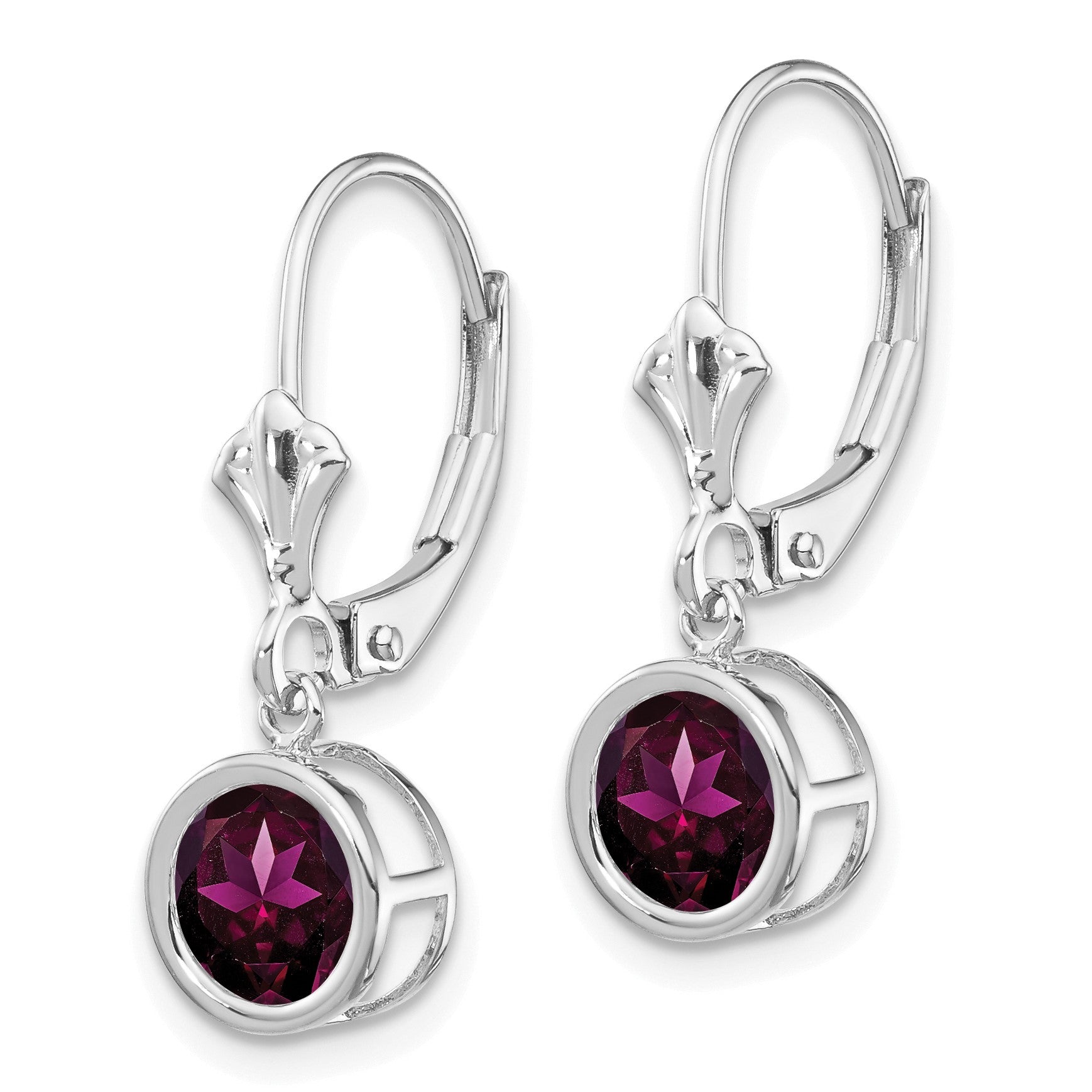 14k White Gold 6mm Round Rhodolite Garnet Bezel Leverback Dangle Earrings