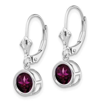 14k White Gold 6mm Round Rhodolite Garnet Bezel Leverback Dangle Earrings
